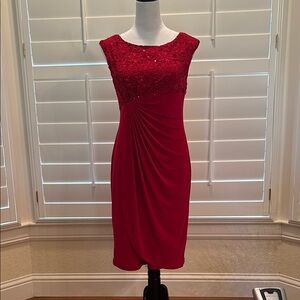 Connected Apparel Red Ruched Midi Dress